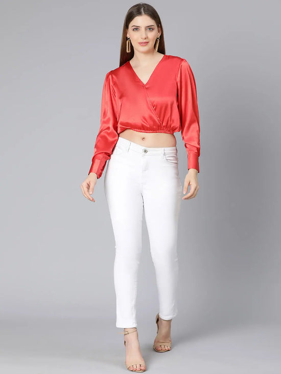 Coral Bright Elasticated Women Party Wear Crop Satin Top