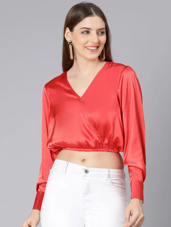 Coral Bright Elasticated Women Party Wear Crop Satin Top