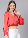 Coral Bright Elasticated Women Party Wear Crop Satin Top