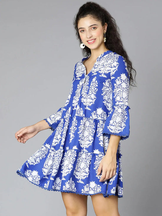 Rich Blue Tropical Print Women Dress