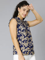 Crispy Blue Floral Print Smocked Women Top