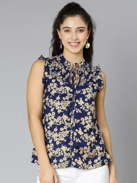 Crispy Blue Floral Print Smocked Women Top