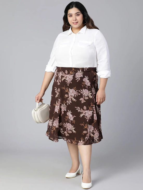 Coated Brown Floral Print Elasticated Plus Size Women Skirt