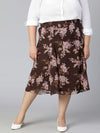 Coated Brown Floral Print Elasticated Plus Size Women Skirt