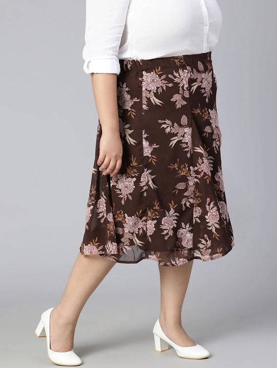 Coated Brown Floral Print Elasticated Plus Size Women Skirt