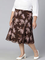 Coated Brown Floral Print Elasticated Plus Size Women Skirt