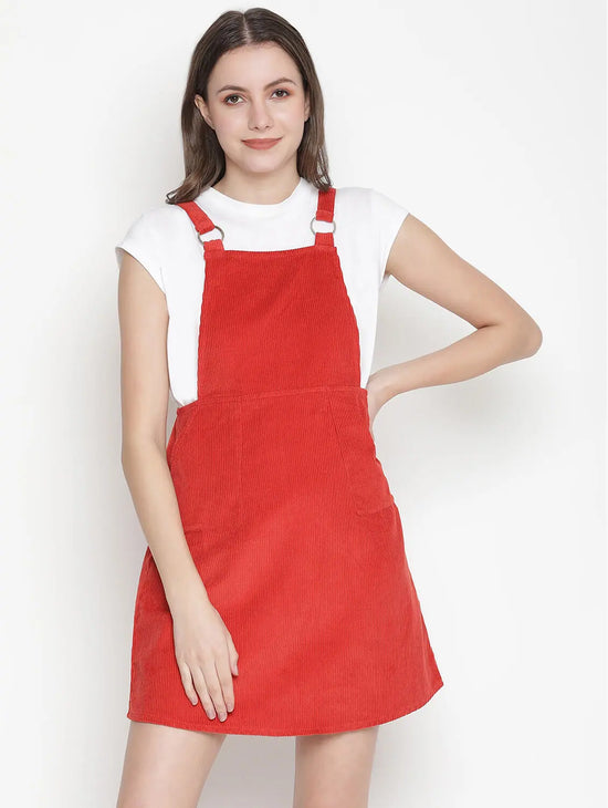 Spicey Red Buckled Corduroy Women Dress