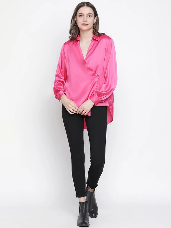 Rised Solid Pink Women Wrapped Top