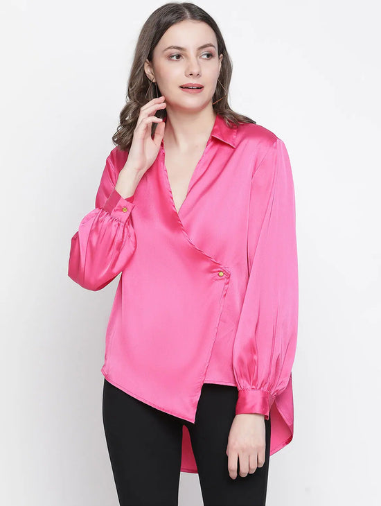 Rised Solid Pink Women Wrapped Top