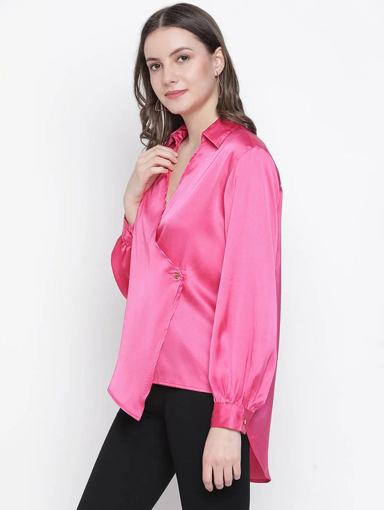 Rised Solid Pink Women Wrapped Top