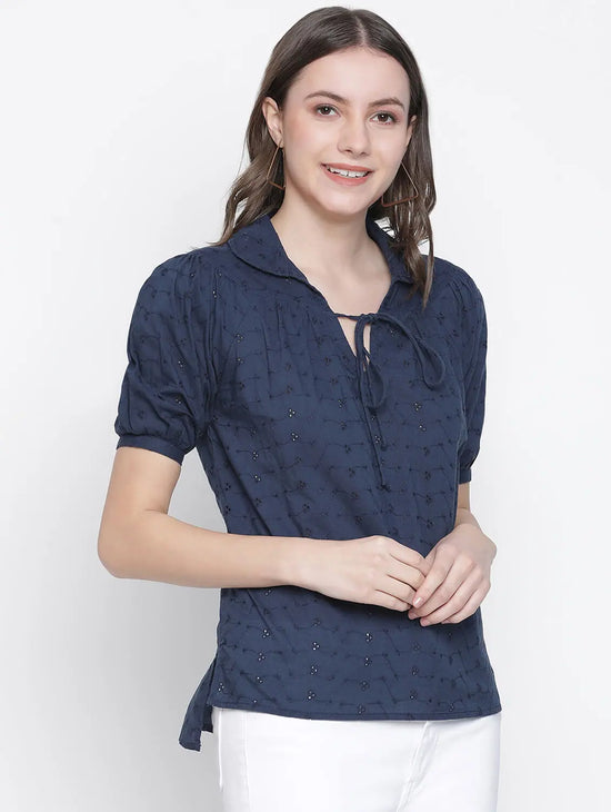 Dooby Fabric Blue Color Women Tie-Knot Top