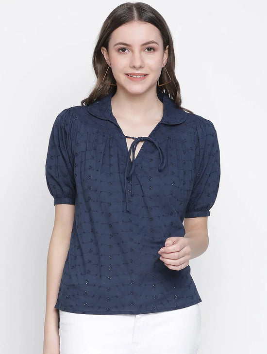 Dooby Fabric Blue Color Women Tie-Knot Top