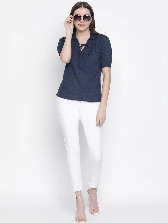 Dooby Fabric Blue Color Women Tie-Knot Top