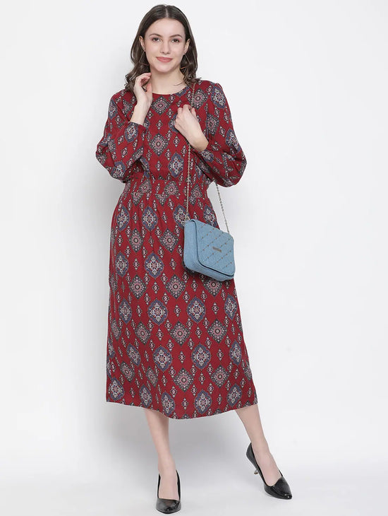 Spectular Maroon Elasticated Women Long Dress