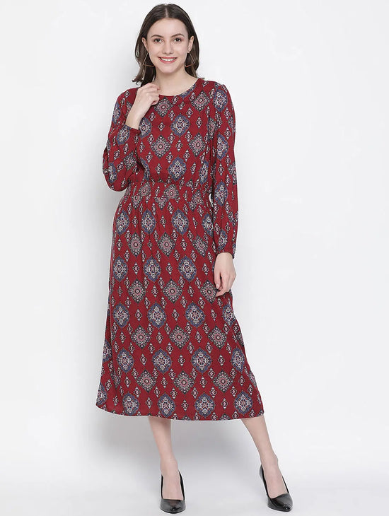 Spectular Maroon Elasticated Women Long Dress