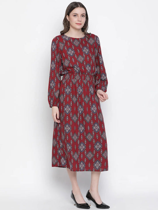 Spectular Maroon Elasticated Women Long Dress