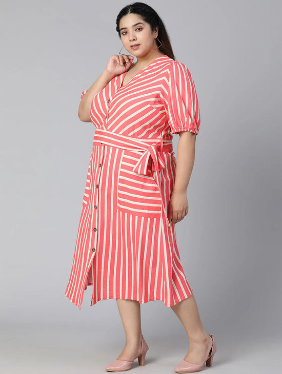 Umbrage Red Stripes Print Button-Down Plus Size Women Dress