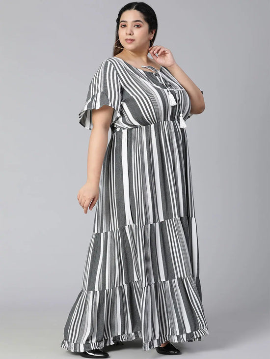 Blitzing Grey Stripes Plus Size Women Long Dress