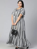 Blitzing Grey Stripes Plus Size Women Long Dress