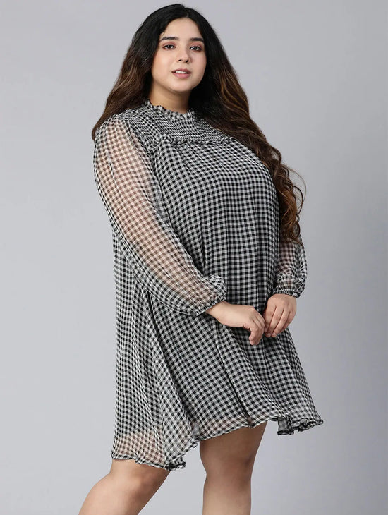 Buzzing Black Check Print Plus Size Women Ruffle Dress