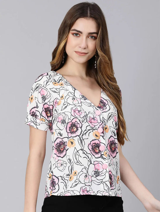 Shone White Floral Digital Print Women Top