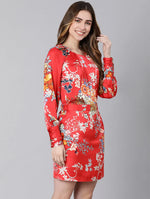 Jazzy Red Florallactic Belted Women Dress