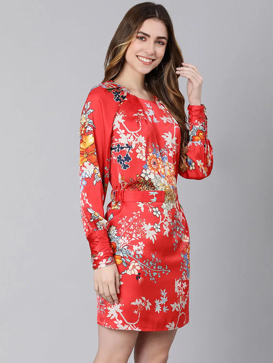 Jazzy Red Florallactic Belted Women Dress