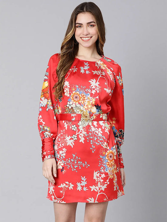 Jazzy Red Florallactic Belted Women Dress