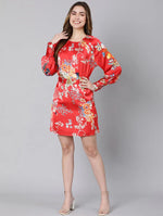 Jazzy Red Florallactic Belted Women Dress