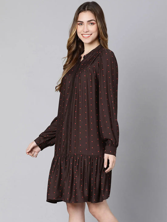 Merry Brown Polka Dot Button -Down Women Dress