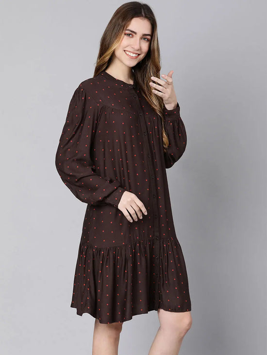 Merry Brown Polka Dot Button -Down Women Dress