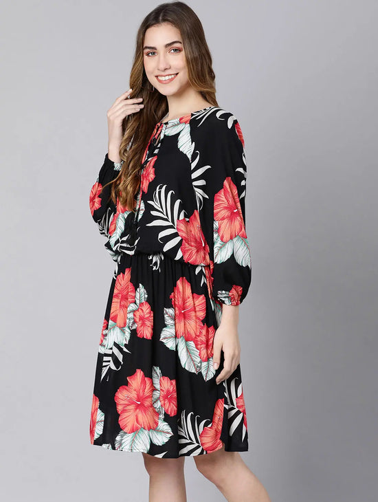 Breeza Black Floral Print Elasticated Women Dress