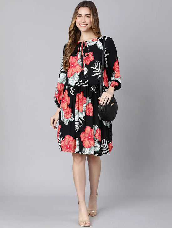 Breeza Black Floral Print Elasticated Women Dress