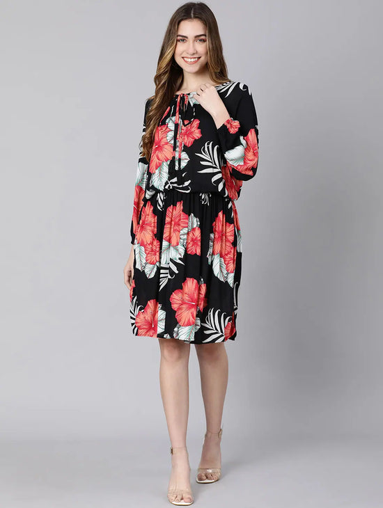 Breeza Black Floral Print Elasticated Women Dress