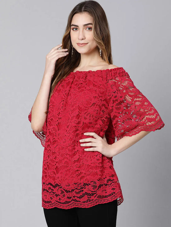 Bomb Of Red With Lace Design Women Linned Top