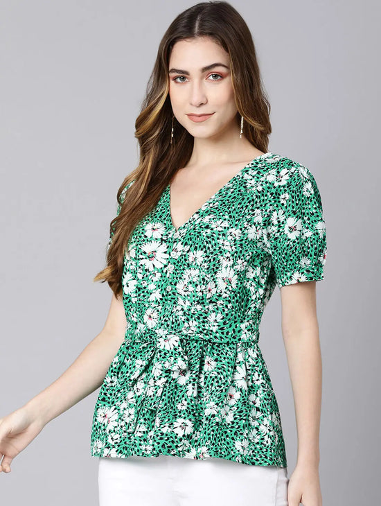 Heaven On Earth Green Color Floral Print Women Top