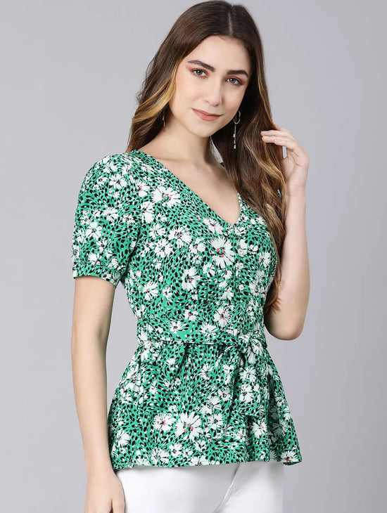 Heaven On Earth Green Color Floral Print Women Top