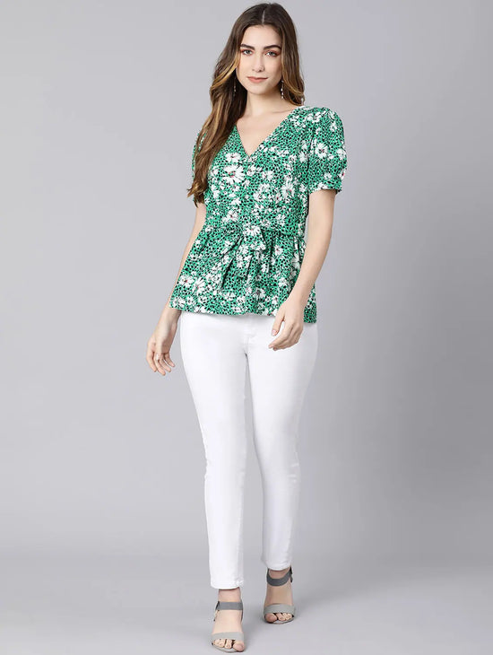 Heaven On Earth Green Color Floral Print Women Top