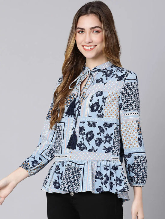 Halfva Blue Floral Print Women Top