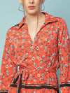 Red Floral Prin Tie-Knot Women Dress