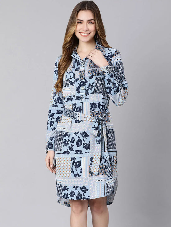 Musing Blue Floral Print Tie-Knot Women Dress