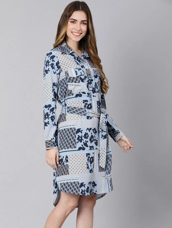 Musing Blue Floral Print Tie-Knot Women Dress