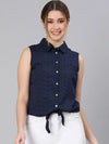 Dense Blue Schiffy Fabric Tie-Knot Women Shirt