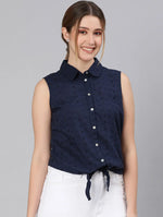 Dense Blue Schiffy Fabric Tie-Knot Women Shirt