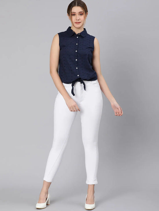 Dense Blue Schiffy Fabric Tie-Knot Women Shirt