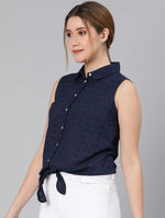 Dense Blue Schiffy Fabric Tie-Knot Women Shirt