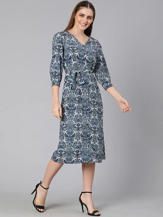 Airey Blue Tropical Print Tie-Knotted Women Dress