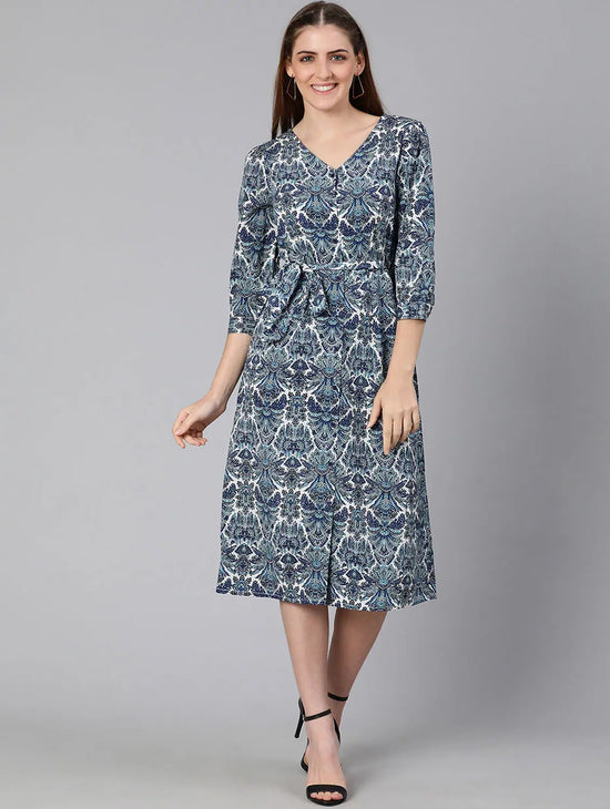 Airey Blue Tropical Print Tie-Knotted Women Dress