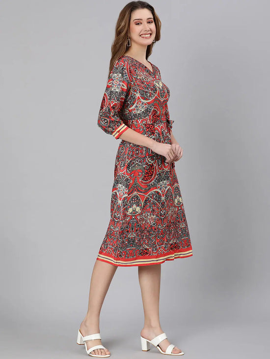 Dearly Red Floral Print Tie -Knotted Women Dress