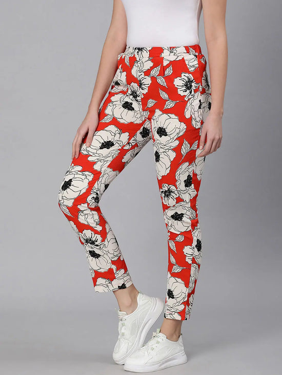 Oscar Red Floral Print Elasticated Women Pant